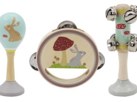 CALM AND BREEZY RABBIT WOODEN 3 PC MUSICAL SET For Sale