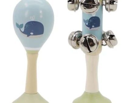 CALM AND BREEZY SEAGULL WOODEN MARACA AND BELL SET-BLUE WHALE Supply