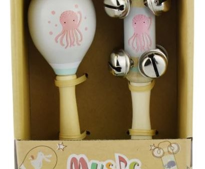 CALM AND BREEZY SEAGULL WOODEN MARACA AND BELL SET-OCTOPUS Sale