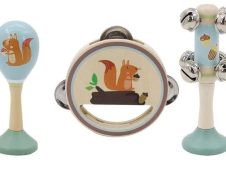 CALM AND BREEZY SQUIRREL WOODEN 3 PC MUSICAL SET on Sale