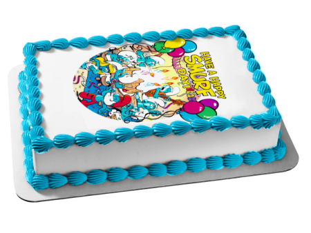 The Smurfs Happy Birthday Papa Smurf Smurfette Harmony Smurf Cake and Balloons Edible Cake Topper Image ABPID08059 Cheap