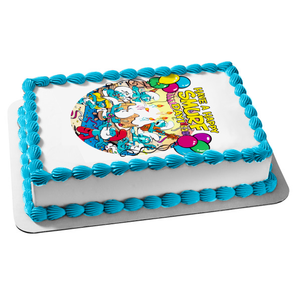 The Smurfs Happy Birthday Papa Smurf Smurfette Harmony Smurf Cake and Balloons Edible Cake Topper Image ABPID08059 Cheap