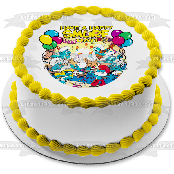 The Smurfs Happy Birthday Papa Smurf Smurfette Harmony Smurf Cake and Balloons Edible Cake Topper Image ABPID08059 Cheap