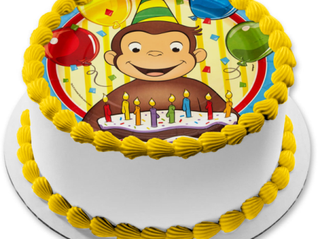 Curious George Happy Birthday Cake Party Hat and Balloons Edible Cake Topper Image ABPID07669 Fashion