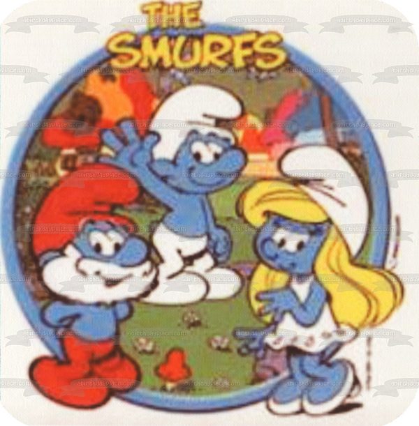 The Smurfs Papa Smurf Smurfette Trees and Flowers Edible Cake Topper Image ABPID08152 Online Hot Sale